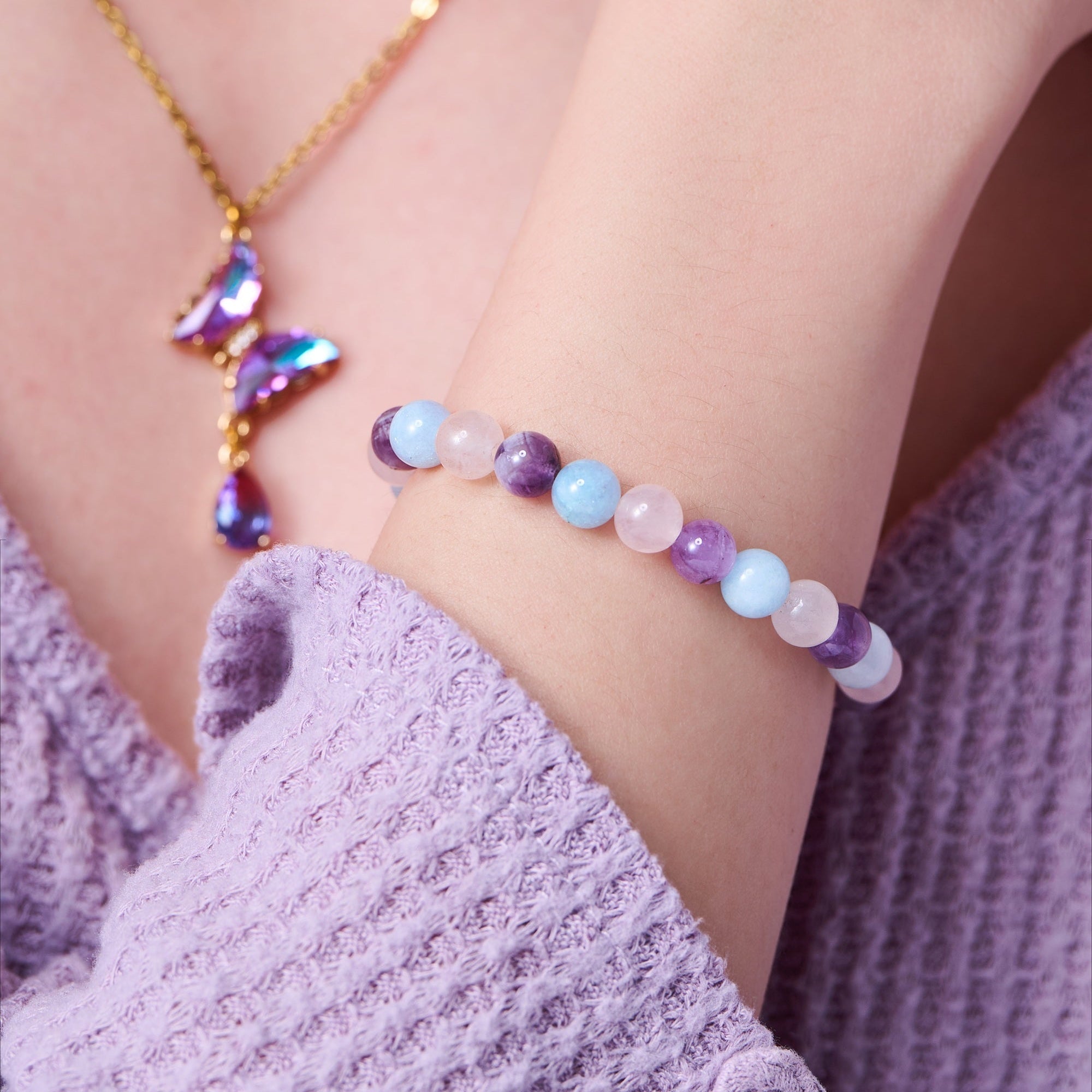 Amethyst Aquamarine Rose Quartz Bracelet